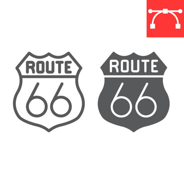 루트 6 6 선 및 글리프 아이콘, 미국 및 상태, 경로 기호 벡터 그래픽, 편집 가능한 스트로크 선형 아이콘, eps 10. - route 66 road number 66 highway stock illustrations