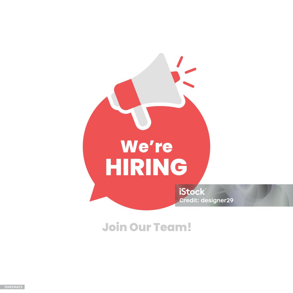 We're Hiring. Join Our Team and Megaphone on Speech Bubble Flat Design. - Royalty-free Megafone arte vetorial