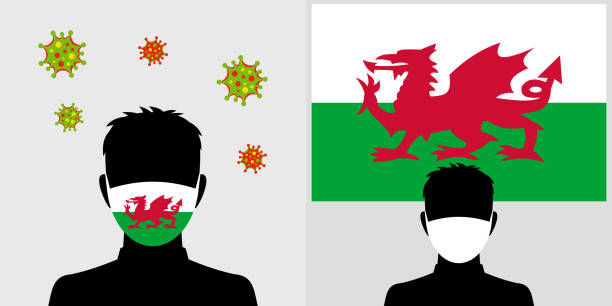 Man in protective face mask with wales flag and virus icon Man in protective face mask with welsh flag and virus icon welsh flag stock illustrations