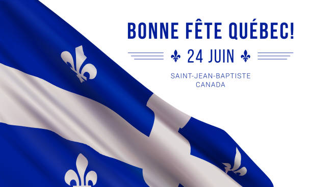 Quebec National Day banner Vector banner design template with flag of Quebec province and text on white background. Translation from French: Happy Quebec Day! June 24th. Saint Jean Baptist. Canada. quebec stock illustrations
