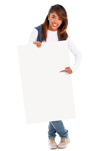 Happy woman with a banner - isolated over white