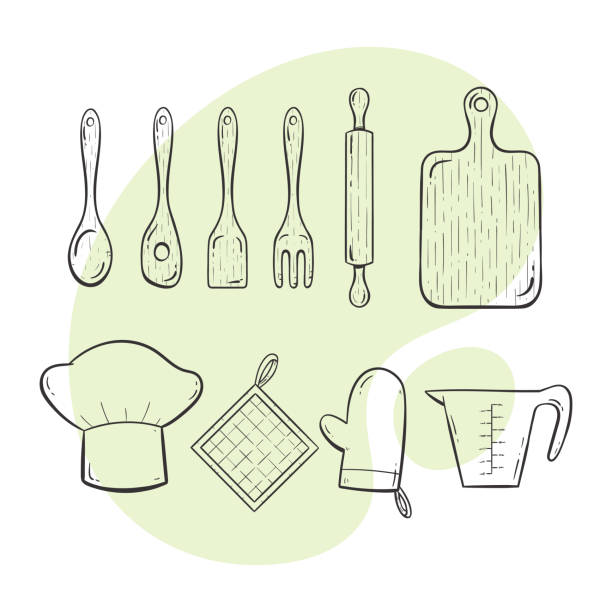 ilustraciones, imágenes clip art, dibujos animados e iconos de stock de utensilios de cocina de madera. doodle. - kitchen utensil instrument of measurement spoon isolated