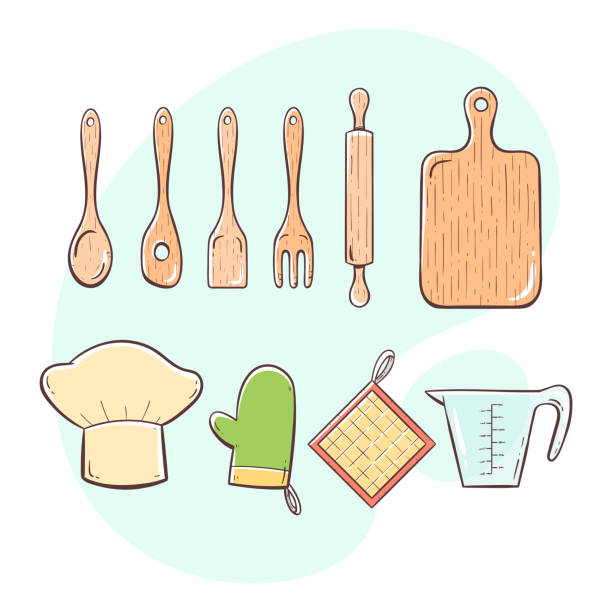 ilustrações, clipart, desenhos animados e ícones de utensílios de cozinha de madeira. desenhado à mão colorido. - kitchen utensil instrument of measurement spoon isolated