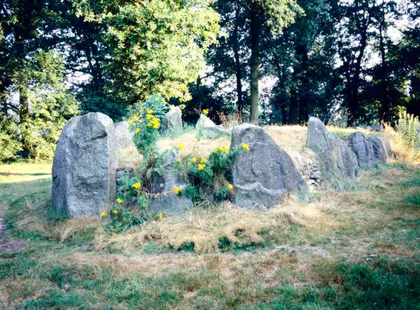 Prehistoric dolmen, hunebed in Dutch; in Schimmeresch, Emmen, Holland,The Netherlands."nSuch a dolmen is called in Dutch a Langgraf, that means long grave.