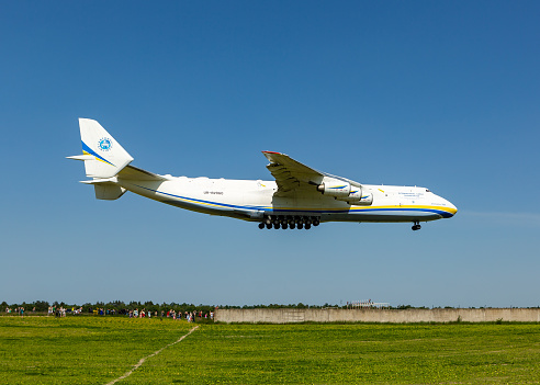 Gostomel, Ukraine - June 12 2020: Antonov An-225 Mriya arrives at Gostomel Airport.