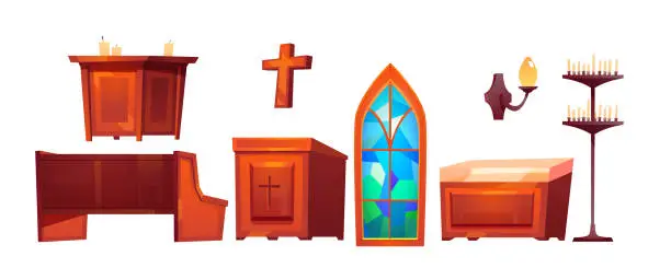 Vector illustration of Catholic church inside interior isolated stuff set