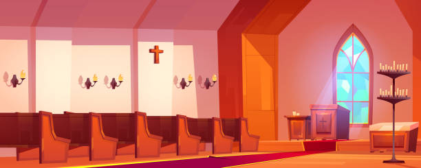 Catholic church interior with altar and benches Catholic church interior with altar, wooden benches, tall arch window and candles. Vector cartoon illustration of cathedral inside, old room for religious praying with pulpit for priest church borders stock illustrations