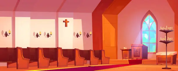 Vector illustration of Catholic church interior with altar and benches
