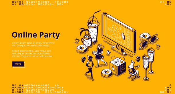 Online party isometric landing page, celebration Online party isometric landing page, friends celebrate virtual birthday via video call conference during covid19 quarantine. Tiny people around huge computer desktop, 3d vector line art web banner computer birthday stock illustrations