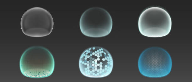Bubble shields, protection force fields Bubble shields, protection force fields. Vector realistic set of safety energy barrier, security defence in transparent sphere with grid pattern isolated on gray background dome stock illustrations