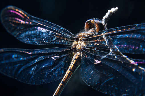 Close-up of a flat-bellied dragonfly (Libellula depressa) perched on a scrawny stem. The background is green and with light reflections