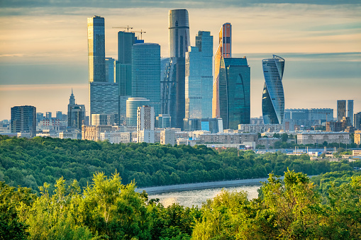 Skyline of the financial district of Moscow Russia on a sunny day. It is known as the Moscow International Business Center or Moscow City.