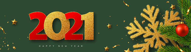 2021 Happy New Year banner. Glitter golden snowflake with tinsel, pine branches, red bauble and glitter numbers on green background. Vector illustration.