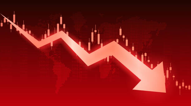 istock Abstract financial chart with downtrend line graph arrow  and world map in stock market on red color background 1249228089
