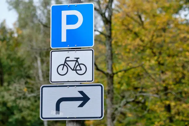 Photo of Traffic sign for parking space for bicycles  on the right side in October in Germany