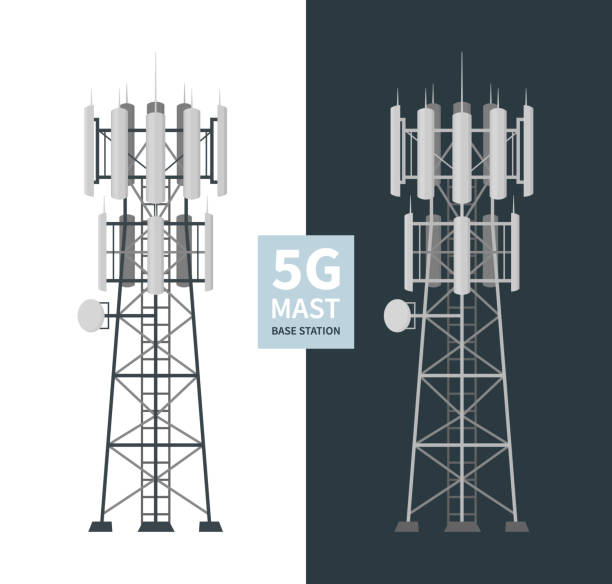 5G network mast base stations isolated set 5G mast base stations set on white and dark background, flat vector illustration of mobile data towers, telecommunication antennas and signal, cellular equipment. antenna aerial stock illustrations