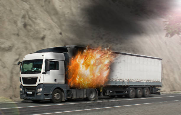 istock The burning truck on the road. Fire. 1249231723