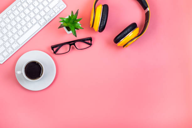 istock Flat lay webinar concept. headphones near laptop top-down copy space 1249231921