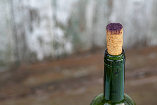istock Wine bottle corked by old stopper stained by purple wine 1249231959