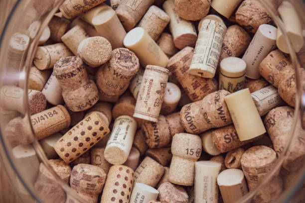 Texture of wine corks closeup. Wine bar backdrop stock photo