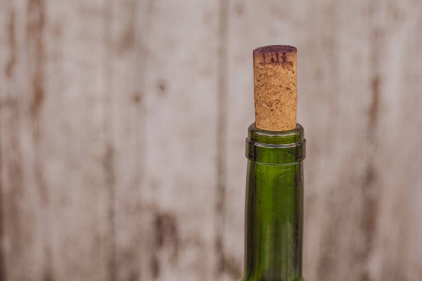 istock Bottleneck corked by old stopper stained by red wine on blurry background 1249231965