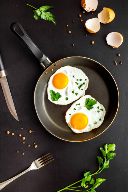 istock Fried eggs on frying pan on black desk top-down 1249232058