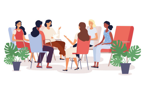 illustrations, cliparts, dessins animés et icônes de séance de thérapie de groupe avec des femmes diverses - réunion de femmes