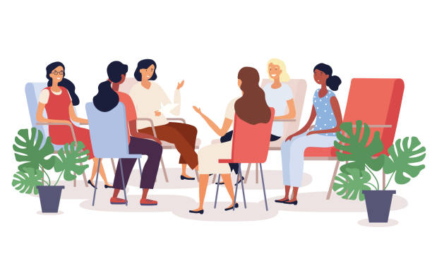 illustrazioni stock, clip art, cartoni animati e icone di tendenza di sessione di terapia di gruppo con donne diverse - only women