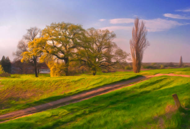 Oil landscape painting showing countryside on a sunny day.