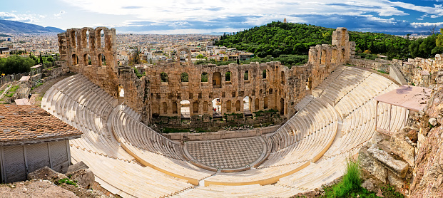 The Odeon of Herodes Atticus (also called Herodeion or Herodion) is a stone Roman theater located on the Acropolis of Athens, Greece. Antique open air theatre in Acropolis, Greece.