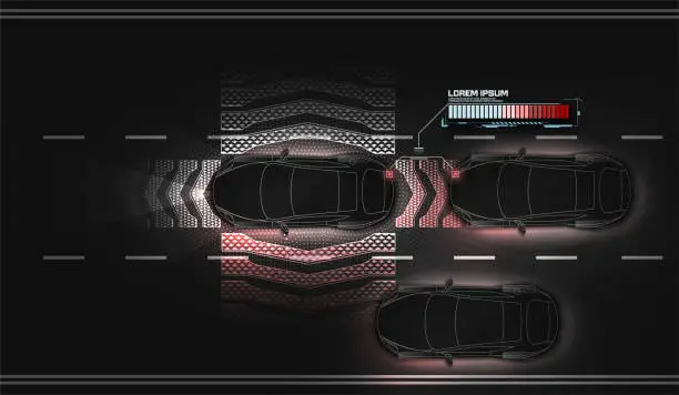 Vector illustration of The prevention of the accident. Autonomous car driving on road with sensing systems. Smart vehicle scans way observe distance and parking driverless, top view. Future concept system. White black image
