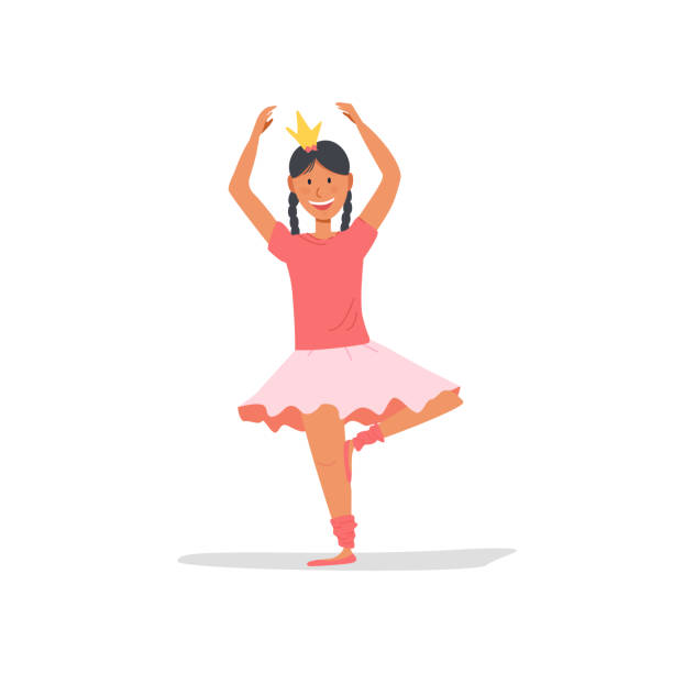 ilustrações, clipart, desenhos animados e ícones de bailarina filhinha fofa com tranças na coroa e saia tutu rosa prática de poses de dança. ilustração vetorial para impressão de camiseta e cartões. - pigtails ethnic little girls teenage girls