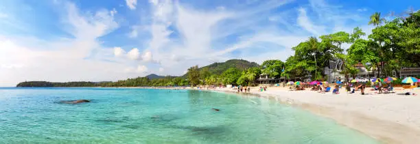 Tropical beach landscape panorama. Beautiful turquoise sea waves with white sand beach and coconut palm trees. Kata and Karon beach, Phuket, Thailand.