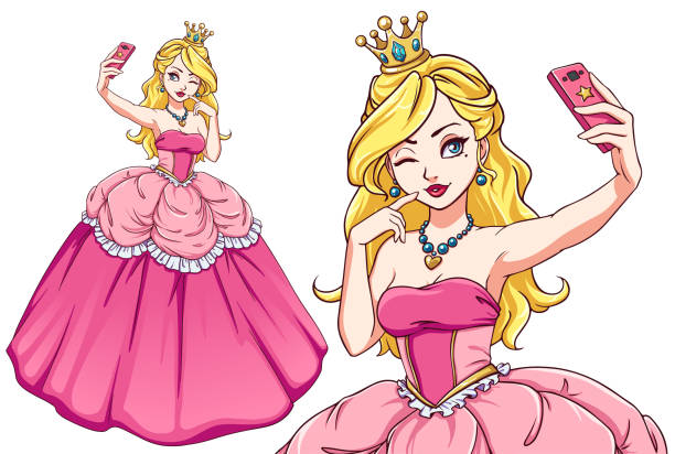 ilustraciones, imágenes clip art, dibujos animados e iconos de stock de bonita princesa de dibujos animados tomando selfie. chica rubia con vestido real rosa y corona dorada. - princesa de anime