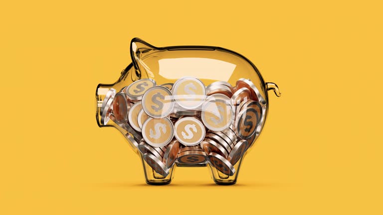 Glass piggy bank stuffed with growing coins.