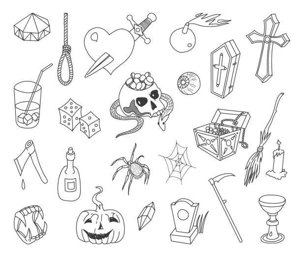 хэллоуин doodles установить - bat halloween human eye horror stock illustrations