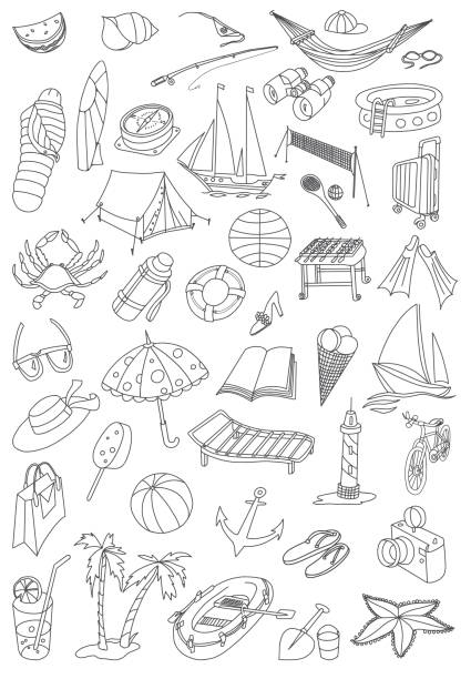 Summer Holidays and Travel Doodles Set Summer holidays and travel. Vector doodles set. grill rods stock illustrations