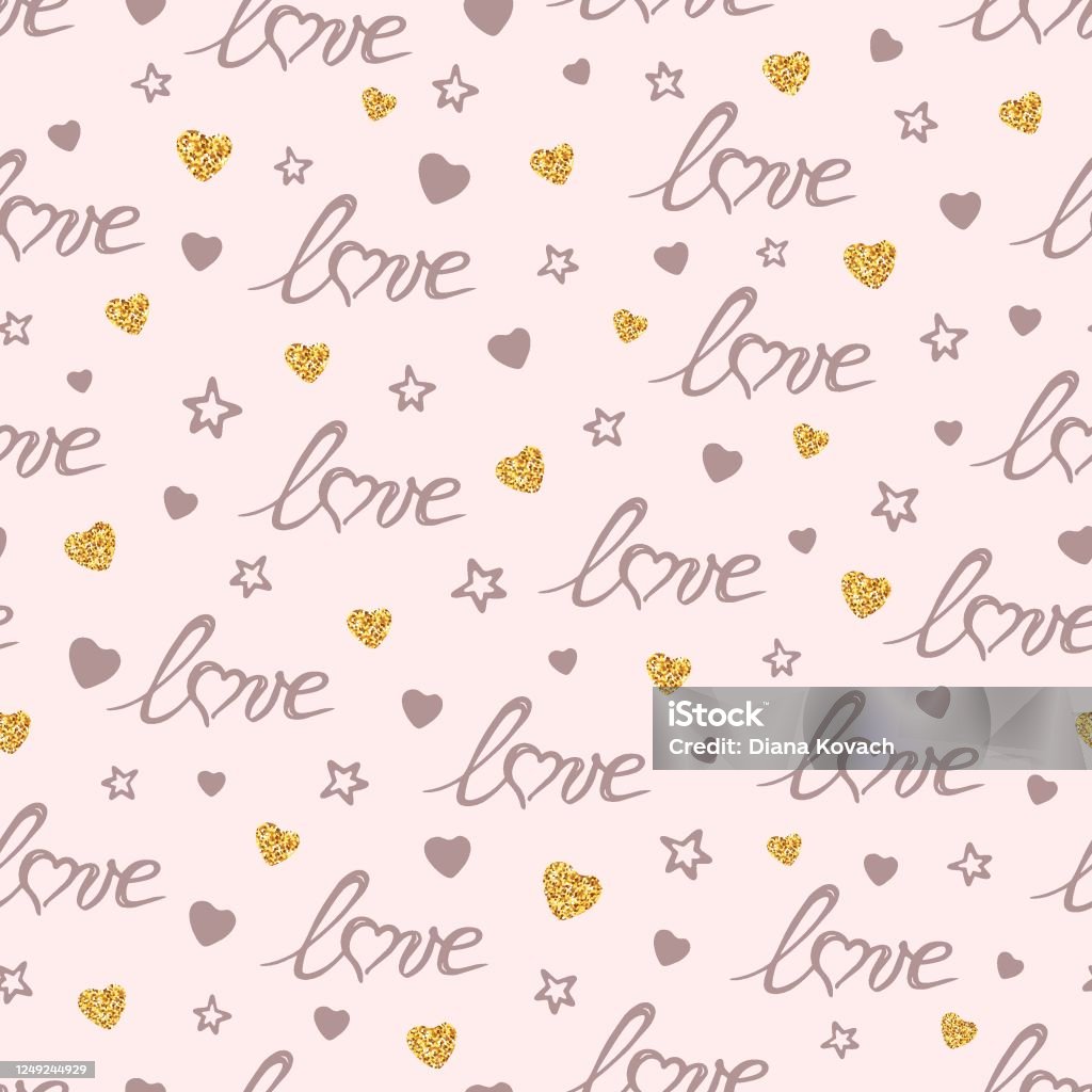 Hand Drawn Seamless Pattern Of Lettering Love Stars And Glitter