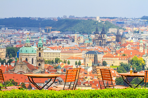 City landscape - top view from the cafe on the Old Town of Prague on a hot summer day, the Czech Republic