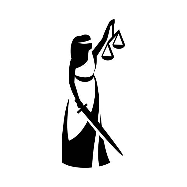 lady justice. statue der blinden göttin themis in einem toga mit einem schwert, schuppen. vektor-illustration, symbol, logo. der begriff justiz, recht, justiz, gerichte und rechtsanwälte. - justitia stock-grafiken, -clipart, -cartoons und -symbole