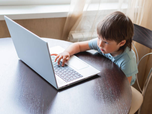 istock Curious toddler boy explores the laptop and presses buttons on computer keyboard. 1249246671