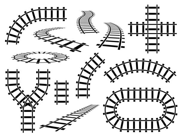 Railroad elements. Curved, straight and wavy rail tracks. Railway rails in perspective and top view, steel bars road construction vector set Railroad elements. Curved, straight and wavy rail tracks. Railway rails in perspective and top view, steel bars subway road construction vector set railroad track stock illustrations