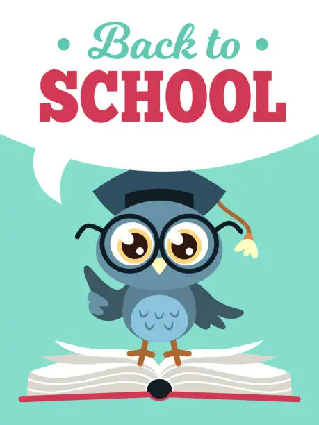 Vector illustration of Back to school owl. Wise owl in graduate cap with books, learning education kids colored school card, cartoon vector poster