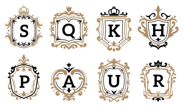 ilustrações, clipart, desenhos animados e ícones de monograma. enfeite real vintage moderno e logotipo de letras ou elementos de crachá para conjunto de vetores da marca boutique, álcool ou família hoteleira - victorian style frame picture frame wreath