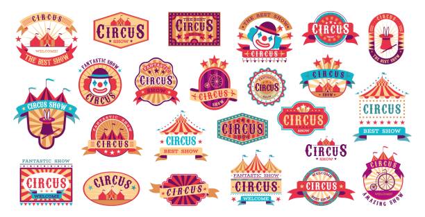 stockillustraties, clipart, cartoons en iconen met circus retro labels. vector carnaval evenement stickers voor uitnodiging, vintage show framing vormen - kermis