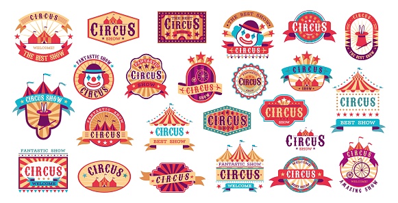 Circus retro labels. Vector carnival event stickers for invitation, vintage show framing shapes and elements