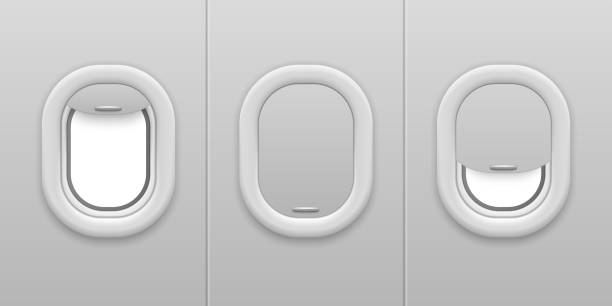 istock Airplane window. Aircraft illuminator. Open and closed, plastic and glass plane windows, realistic mockup for airline vector concept 1249246700