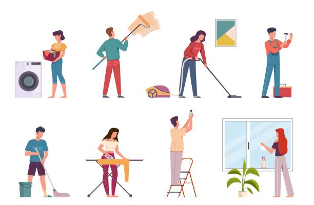 People cleaning. Housework cleaning company service, men and women doing chores. Ironing, washing floor and vacuuming vector characters People cleaning. Housework cleaning company service, men and women doing chores. Ironing, washing floor and vacuuming vector housekeeping characters man doing household chores stock illustrations