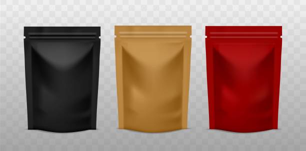 istock Plastic sachet pouch. Coffee zip package golden, black and red color, foil standing bag advertising presentation realistic vector mockups 1249246705