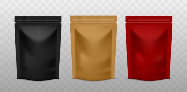 Plastic sachet pouch. Coffee zip package golden, black and red color, foil standing bag advertising presentation realistic vector mockups Plastic sachet pouch. Coffee zip package golden, black and red color, foil standing bag advertising presentation realistic vector product mockups animal pouch stock illustrations
